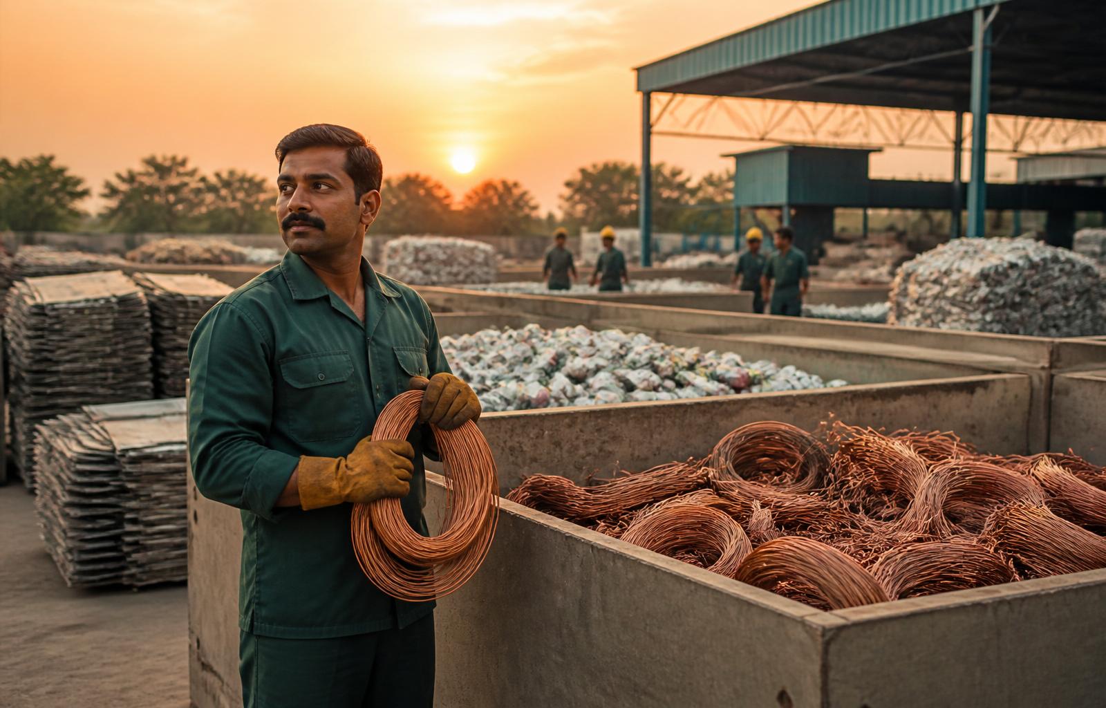 Mangal Enterprises scrap yard in Gorakhpur showing sorted copper wire and aluminium bales